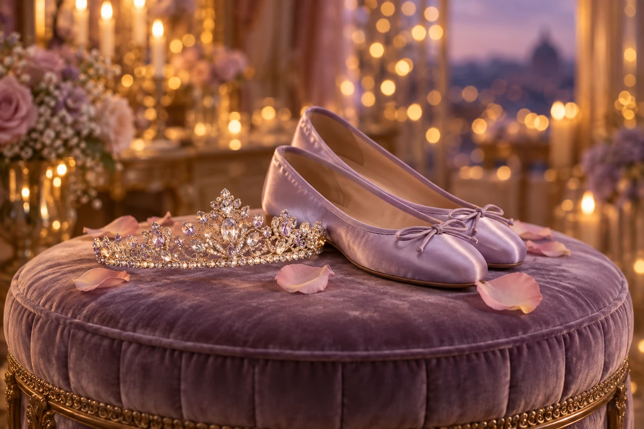 Tiara de cristal e sapatilhas de cetim lilás sobre um banco de veludo, entre pétalas e luzes.